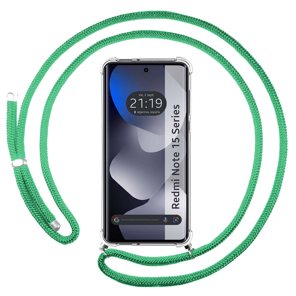 Uno smartphone in una custodia trasparente con un cordino verde avvolto attorno.