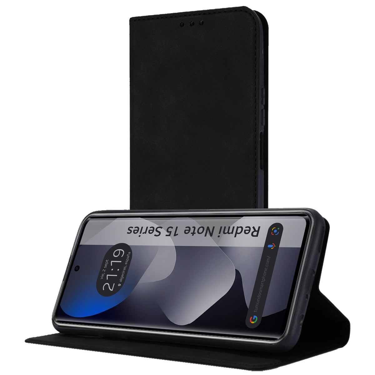 Un telefono cellulare nero con custodia a libro aperta, su una superficie.