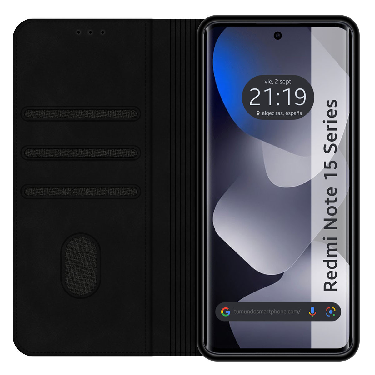 Custodia nera per telefono con slot per carte accanto a uno smartphone aperto che mostra l'ora.
