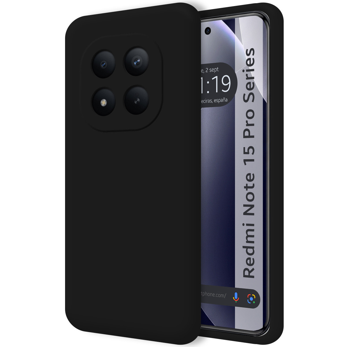 Custodia nera per telefono con quattro fotocamere accanto a uno smartphone che mostra le 1:19.