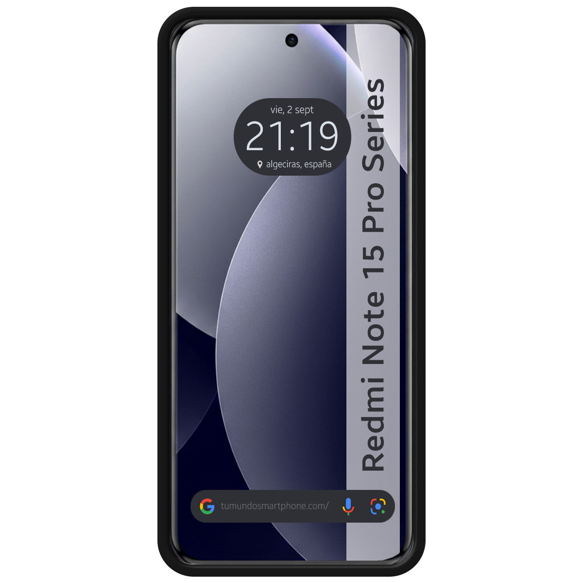 Uno smartphone in una custodia nera mostra la schermata di blocco con ora e data.