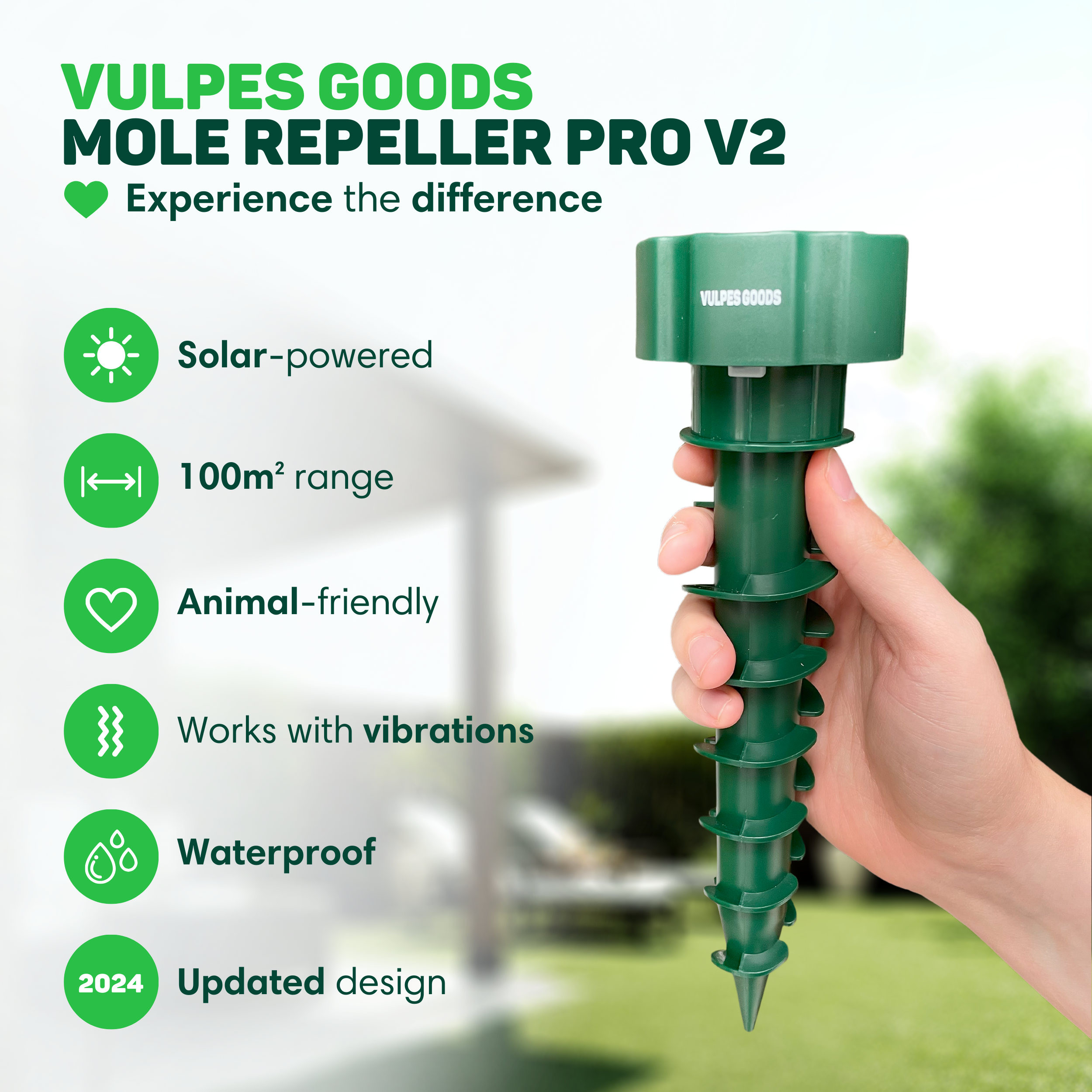Ein grüner Maulwurfvertreiber mit Solarbetrieb, 100m² Reichweite, tierfreundlich, vibrationsbasiert, wasserdicht.