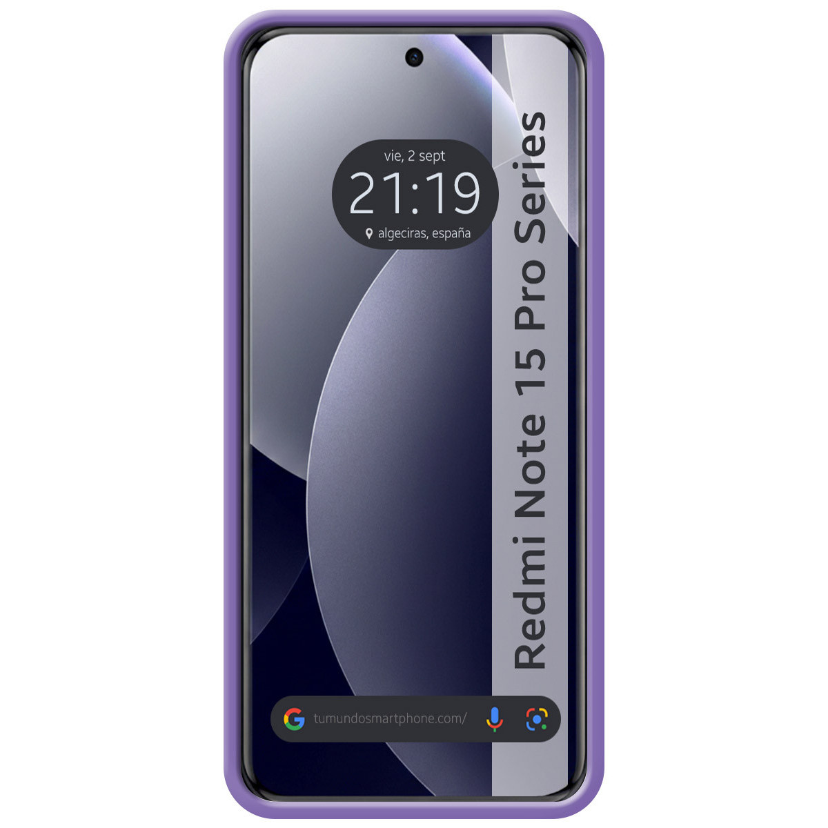 Un teléfono morado que muestra las 21:19 y el texto 'Redmi Note 15 Pro Series'.
