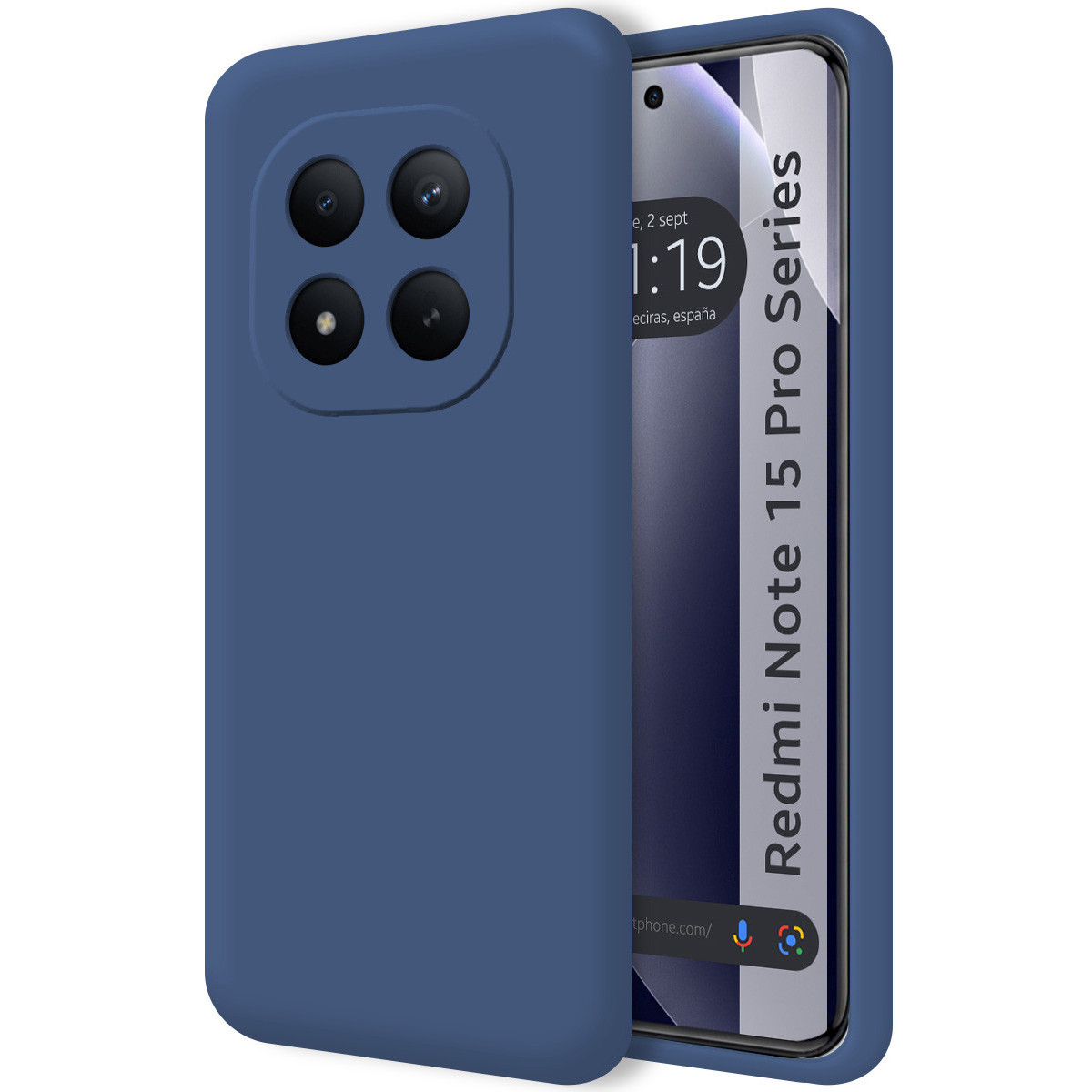Custodia blu scuro con quattro obiettivi e uno smartphone con testo rosso.