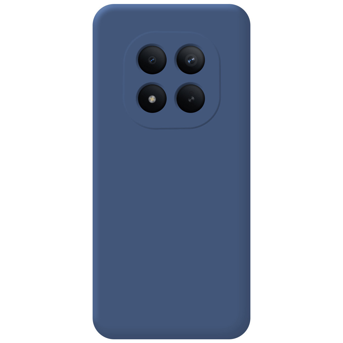 Custodia blu per telefono con quattro obiettivi della fotocamera in un ritaglio rettangolare.