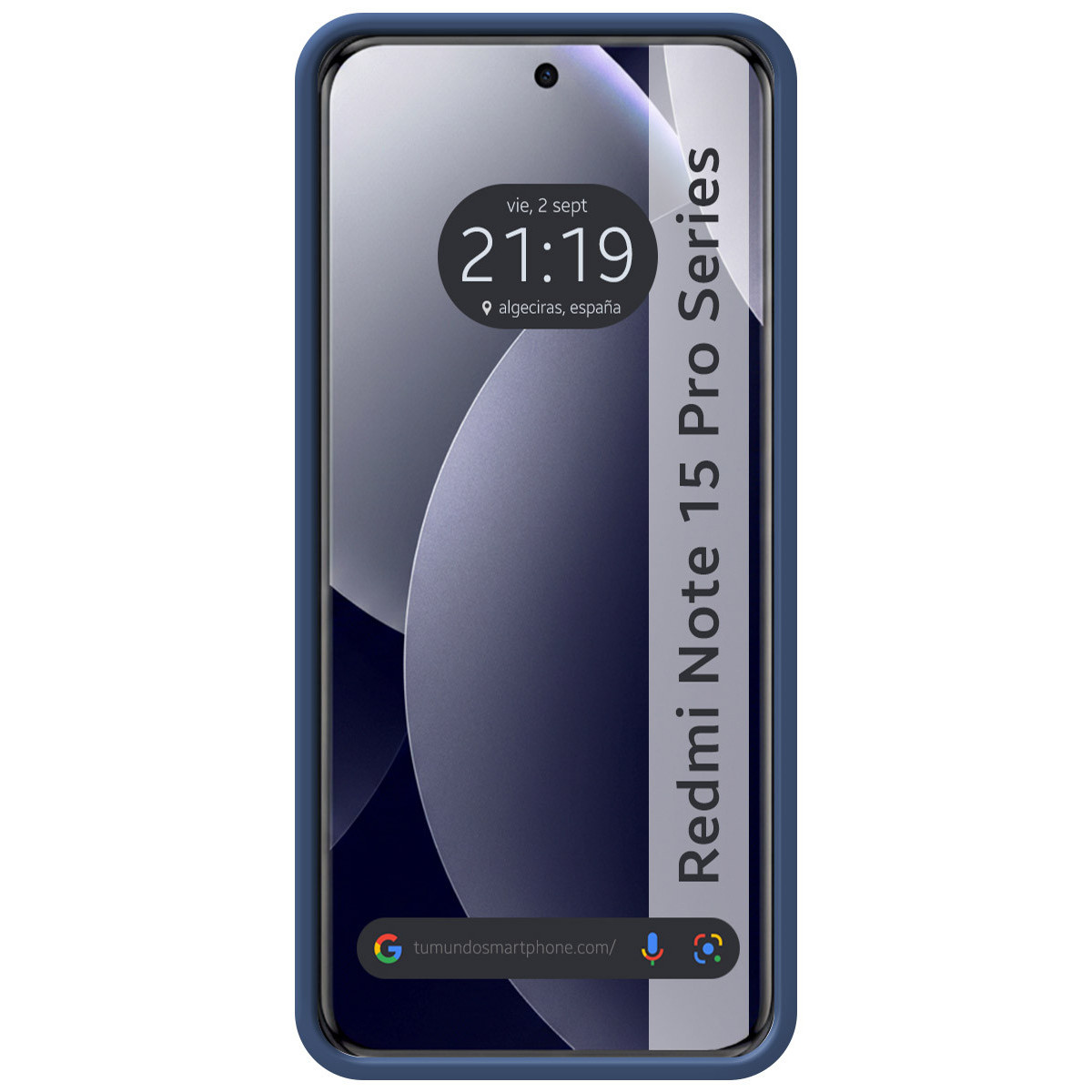 Un telefono blu mostra l'ora 21:19, la data, la posizione e il testo Redmi Note 15 Pro Series.