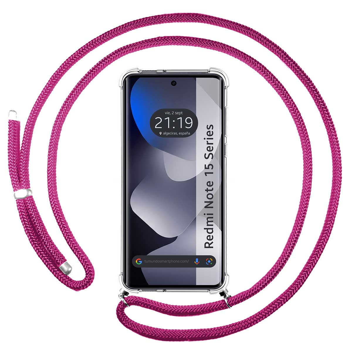 Uno smartphone con un cordino rosa avvolto attorno.