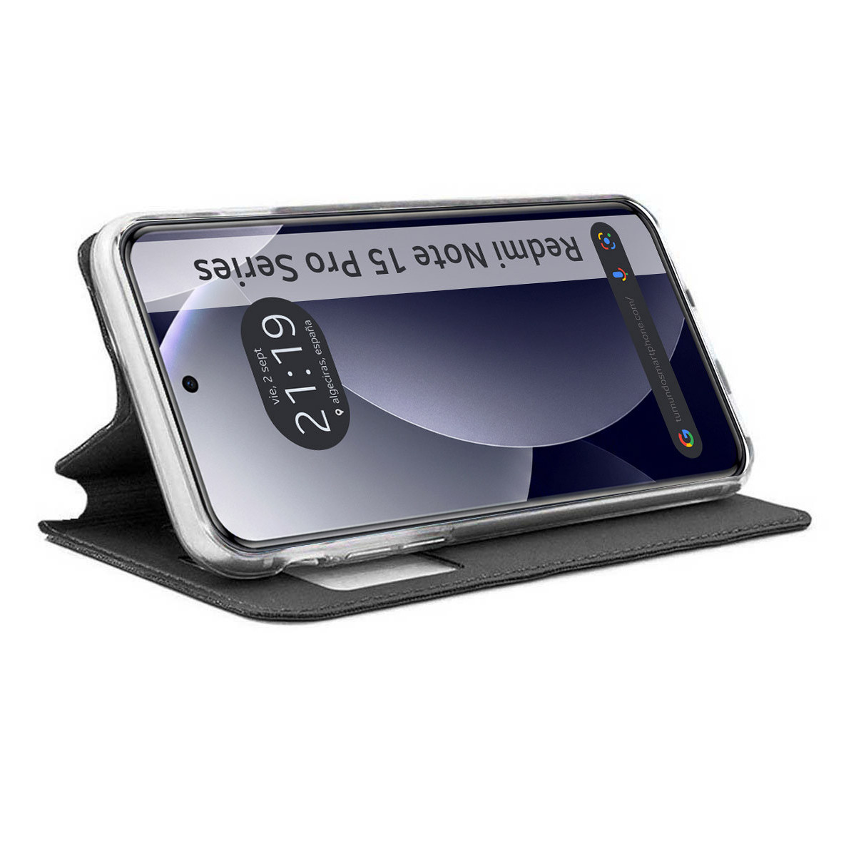 Uno smartphone giace su una copertina nera. L'ora è 21:19.