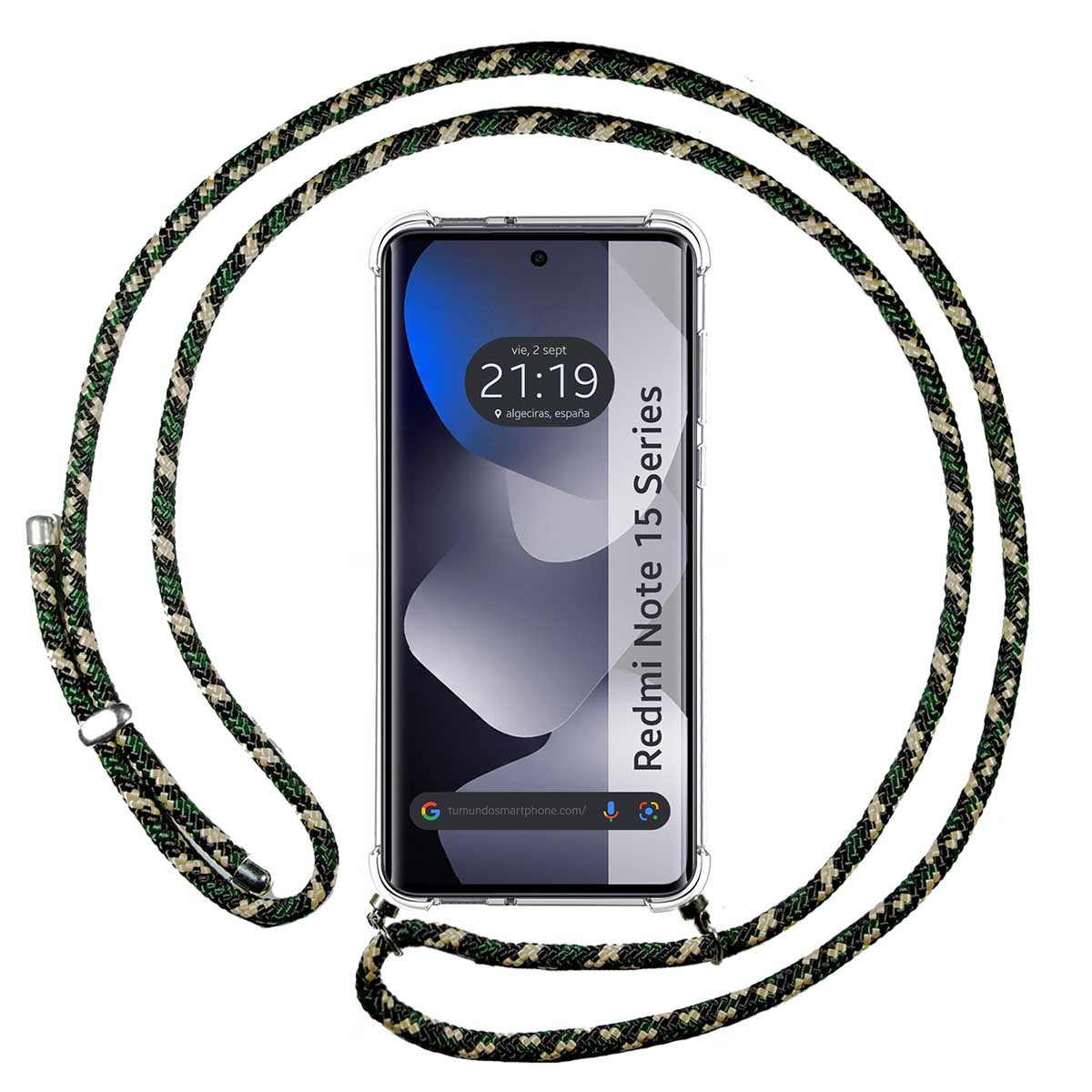 Uno smartphone con laccetto mimetico. Lo schermo mostra le 21:19.