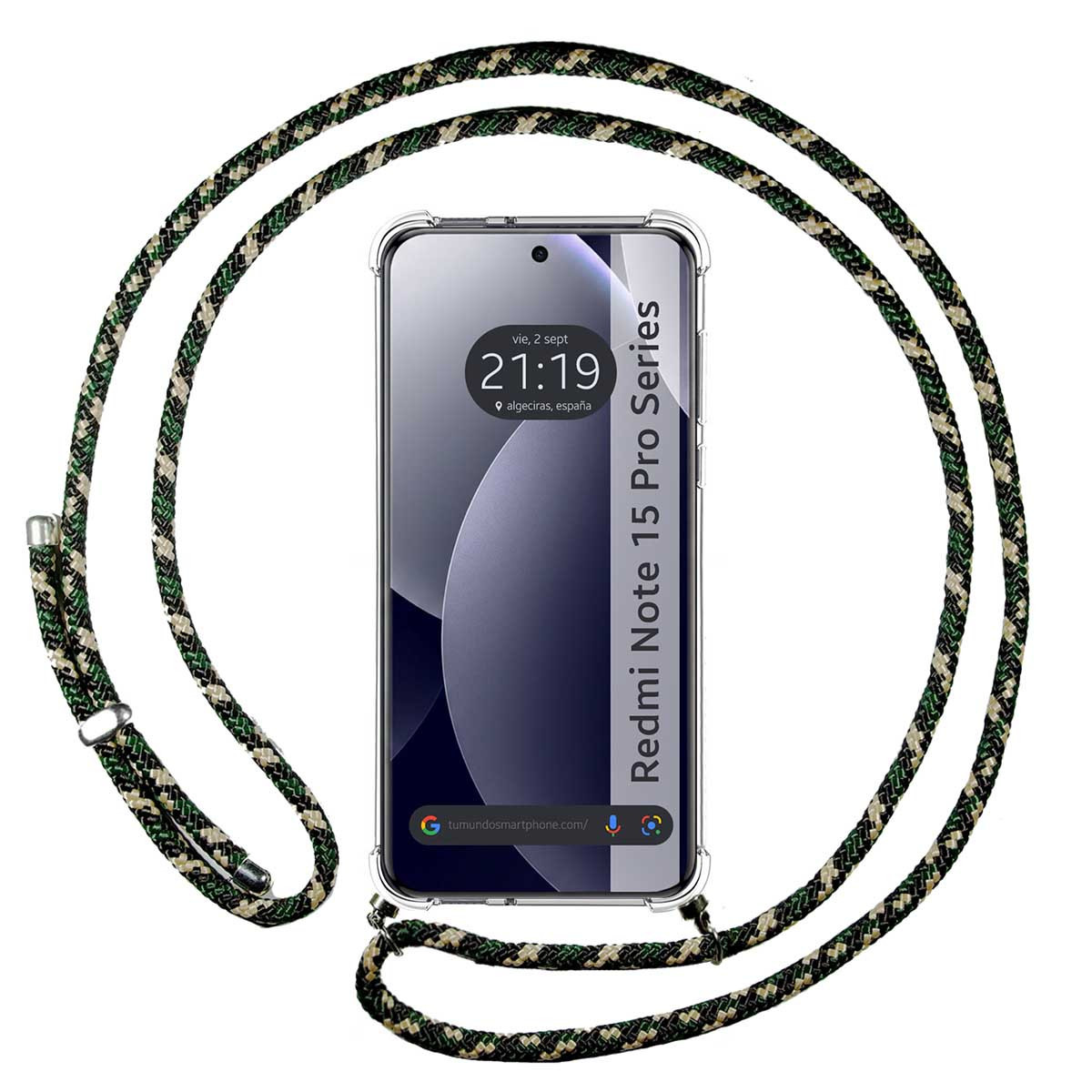 Uno smartphone in custodia trasparente con un laccetto intrecciato mimetico.