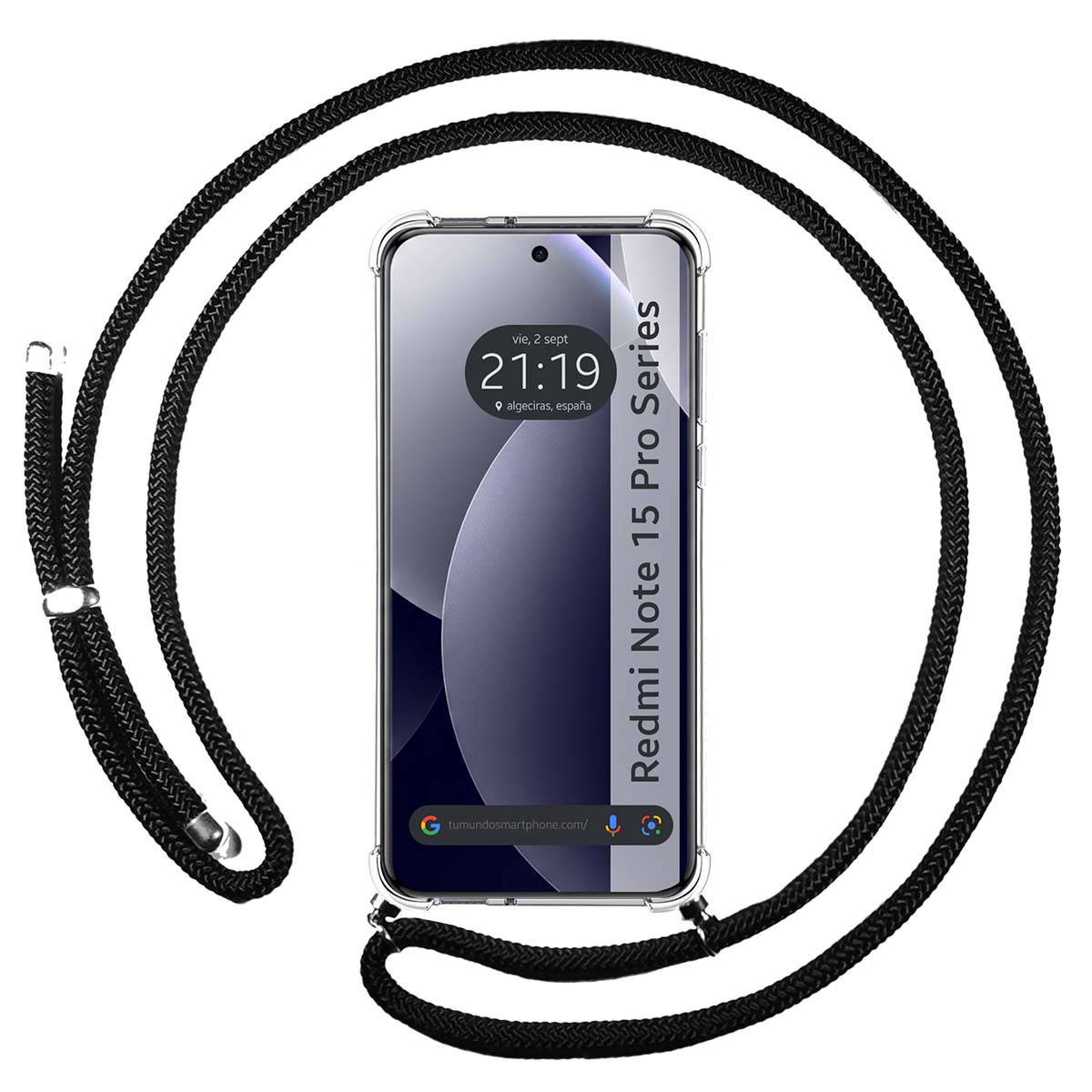 Un smartphone con cordón negro y funda transparente sobre fondo blanco.
