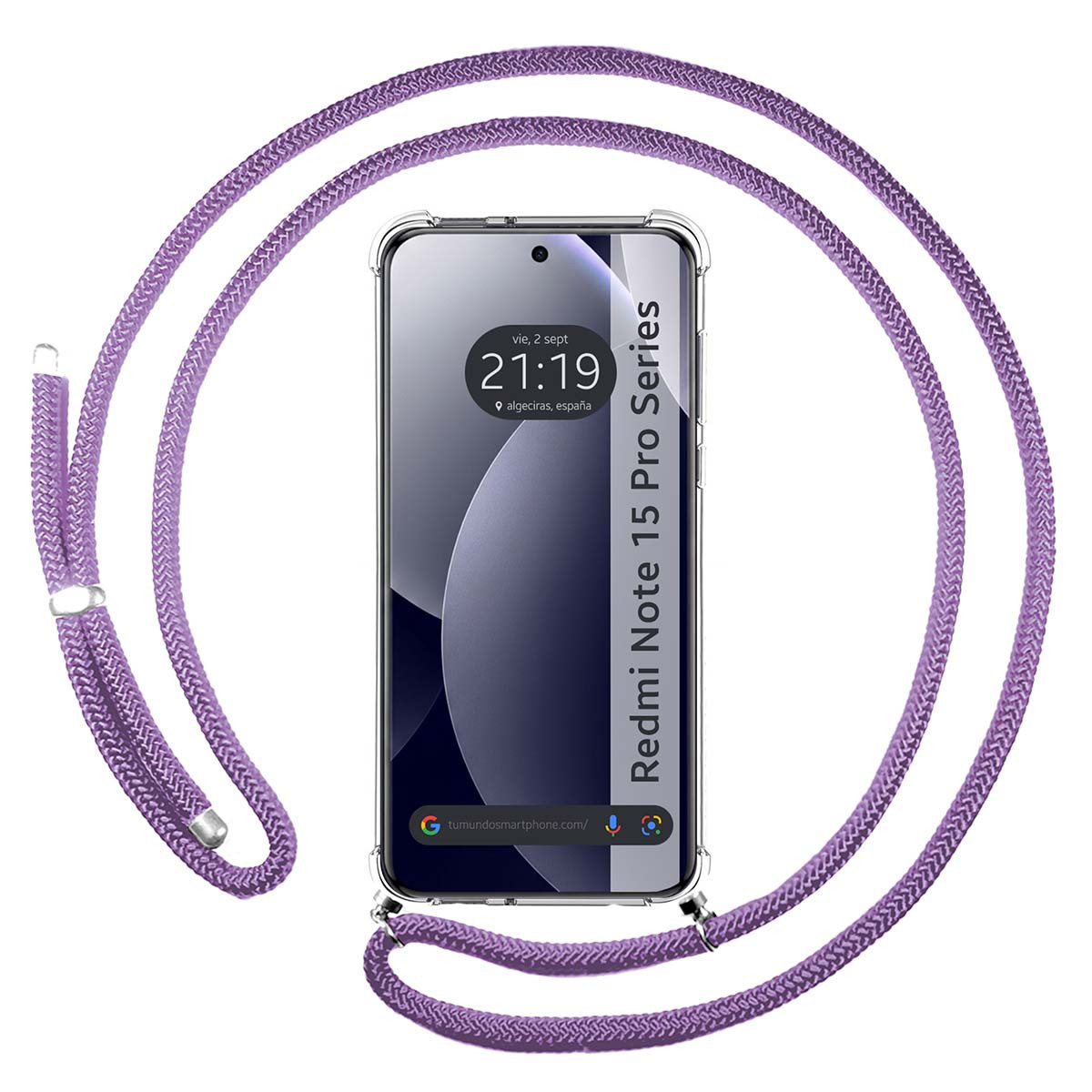 Uno smartphone con un cordino viola drappeggiato attorno ad esso.