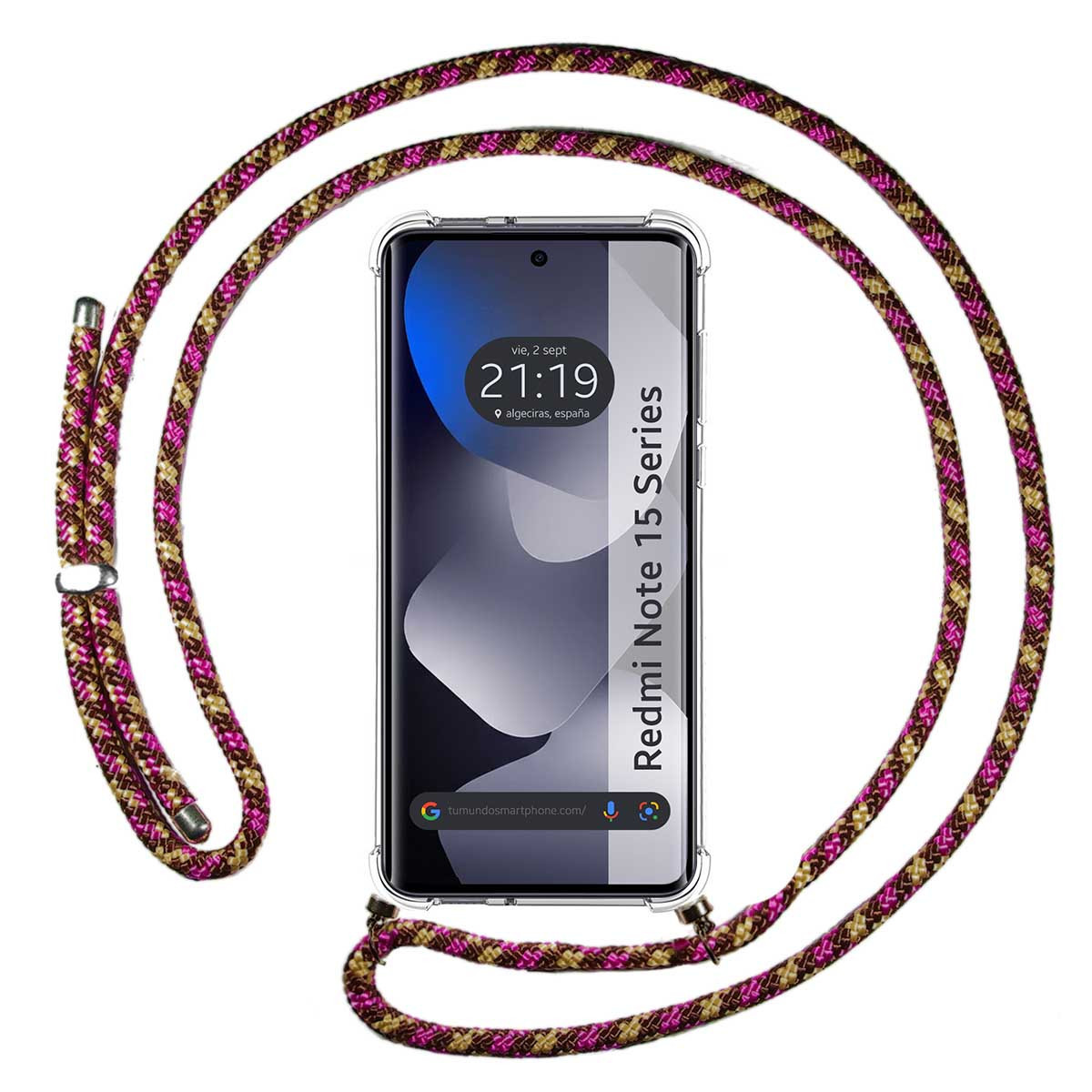 Uno smartphone in custodia trasparente con un cordino colorato attorno.