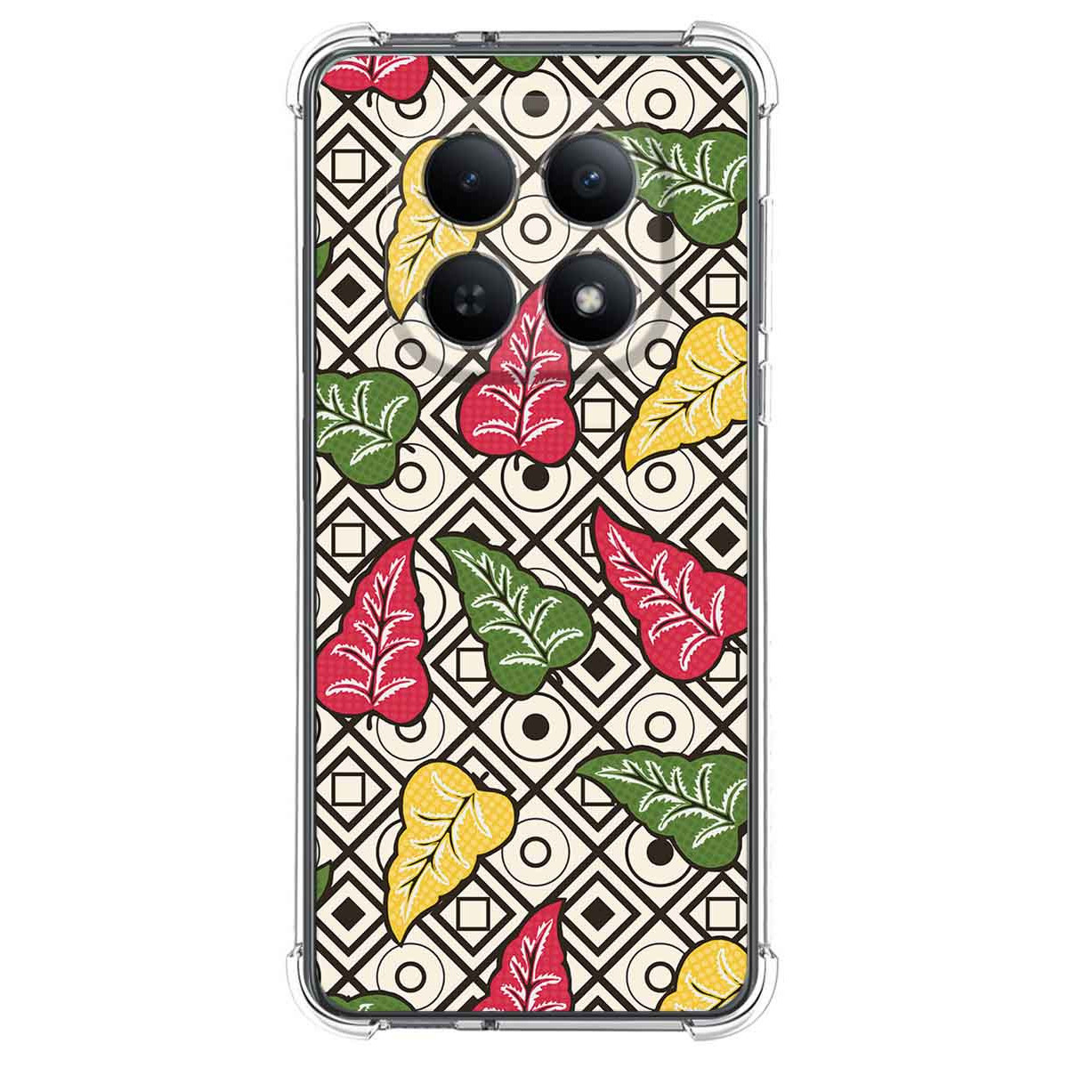Funda de teléfono transparente con patrón de hojas rojas, verdes y amarillas sobre fondo geométrico.