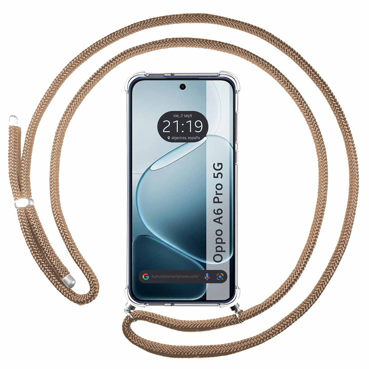 Una cover trasparente per telefono con cordino da collo marrone.