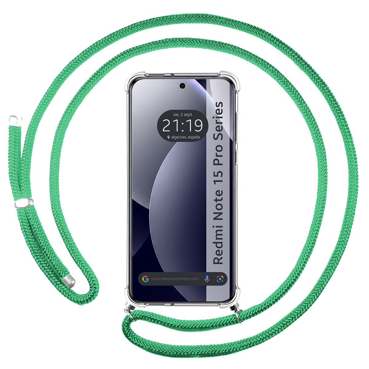 Uno smartphone con laccetto verde e custodia trasparente.