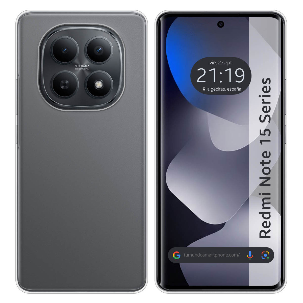 Smartphone grigio con fotocamera quadrupla e display che mostra ora e data.