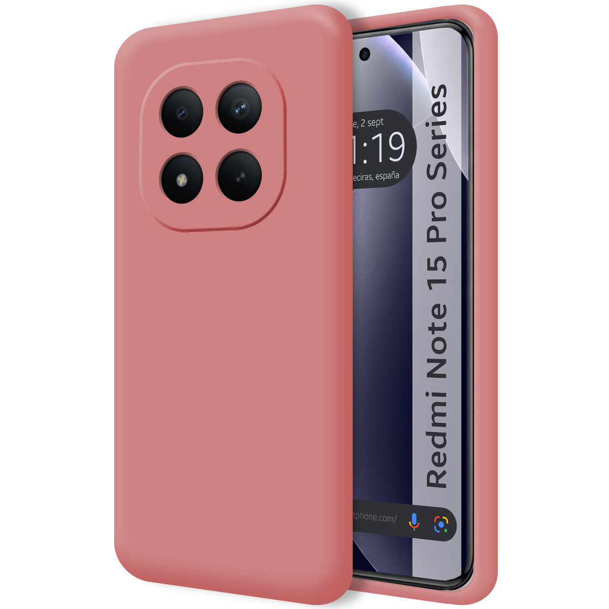 Una custodia rosa per telefono con uno smartphone che mostra l'ora.