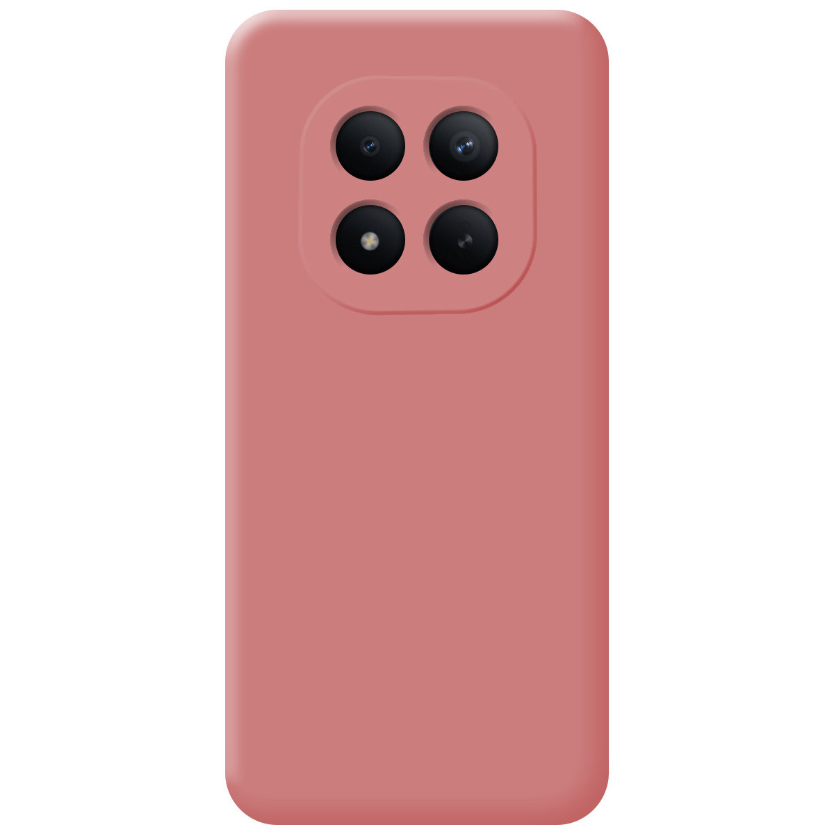 Custodia rosa per telefono con configurazione a quattro fotocamere.