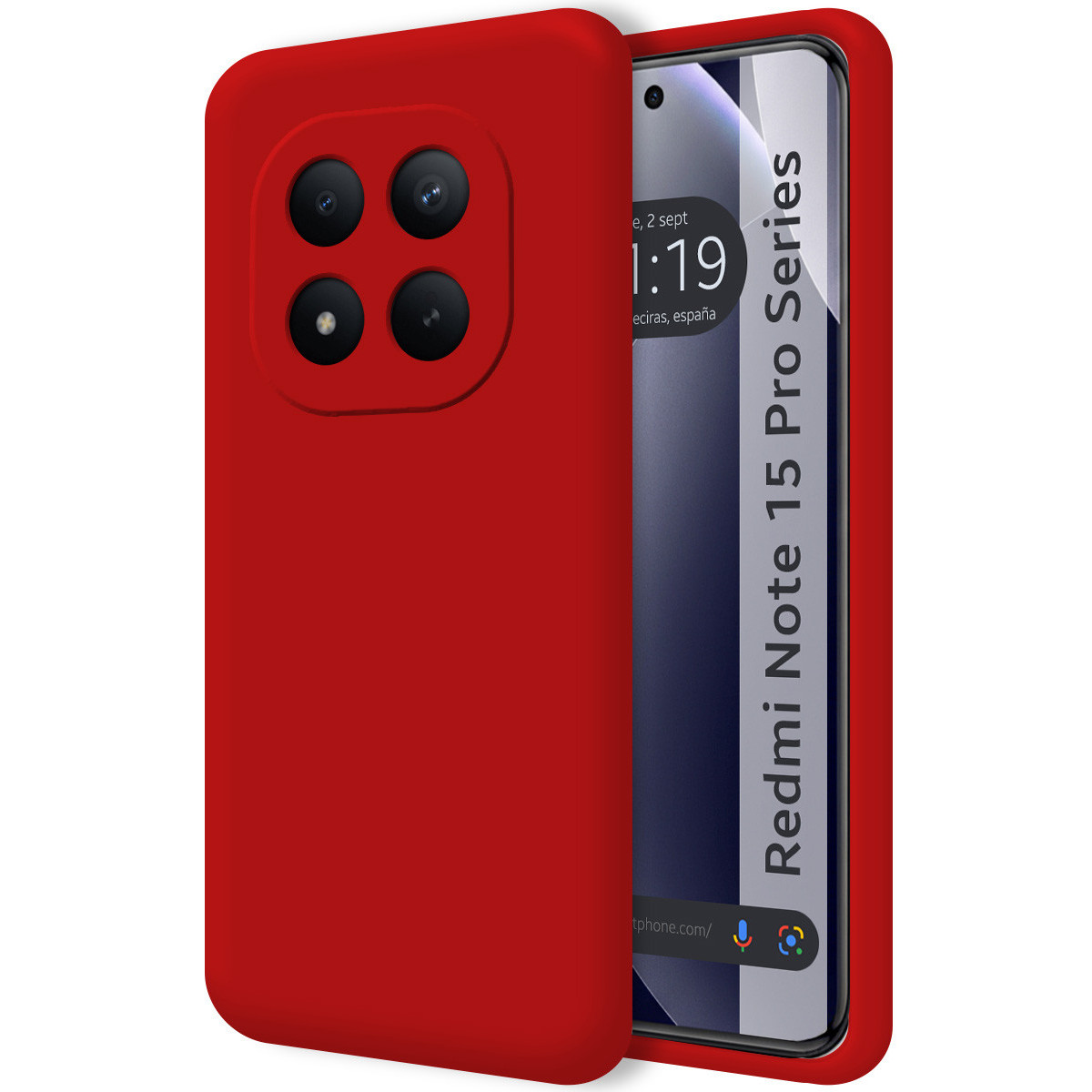 Custodia rossa per telefono con foro per quattro fotocamere, accanto a uno smartphone.