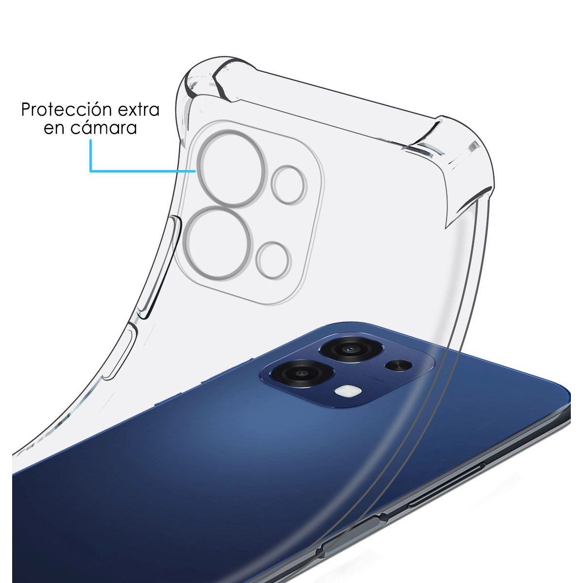 Funda transparente protege la cámara trasera de un smartphone azul.