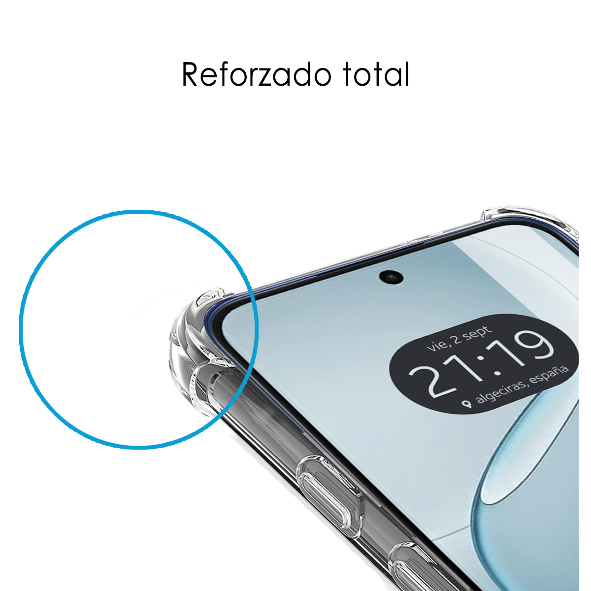 Funda transparente con esquinas reforzadas en un smartphone.