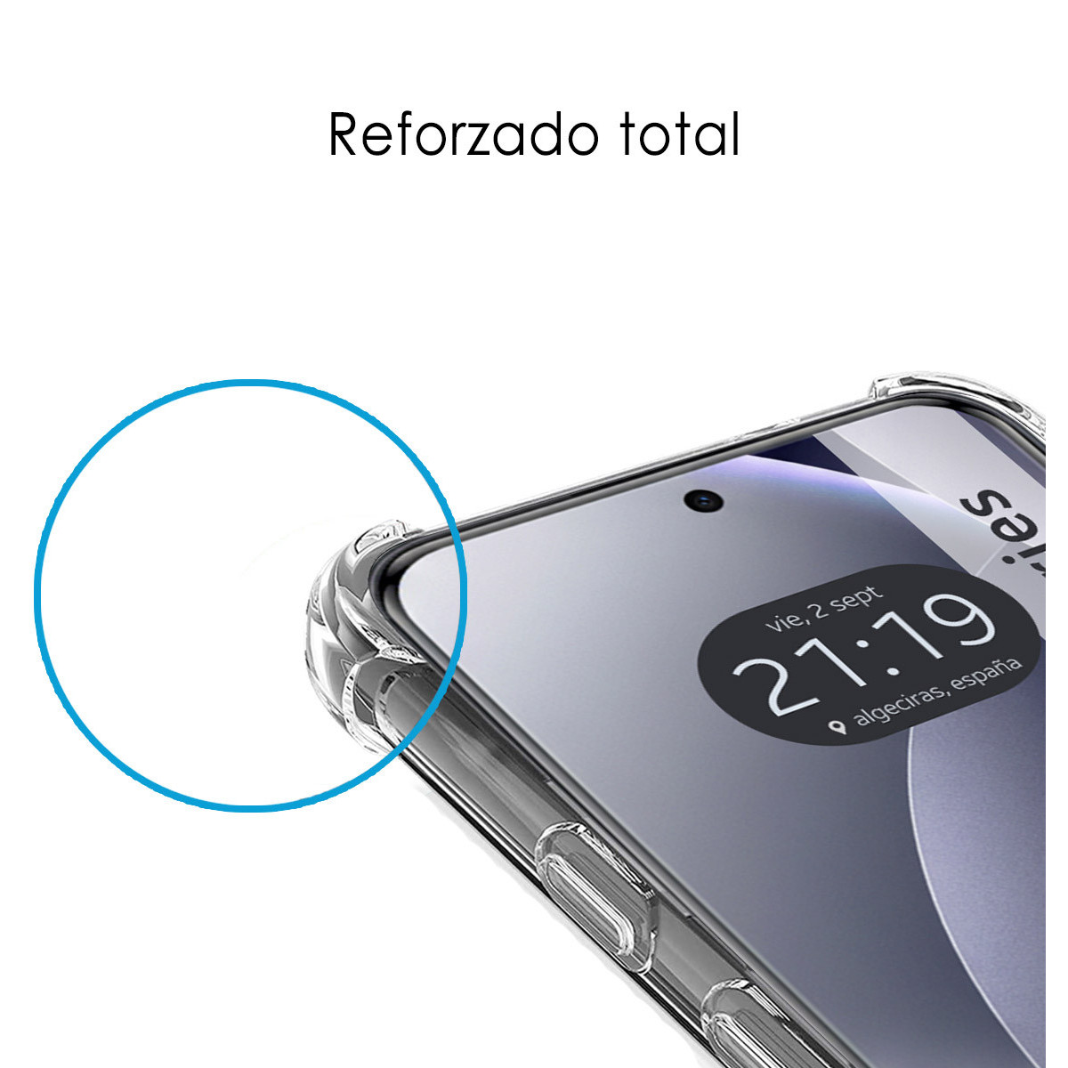 Funda transparente con esquinas reforzadas en un smartphone con fondo oscuro.