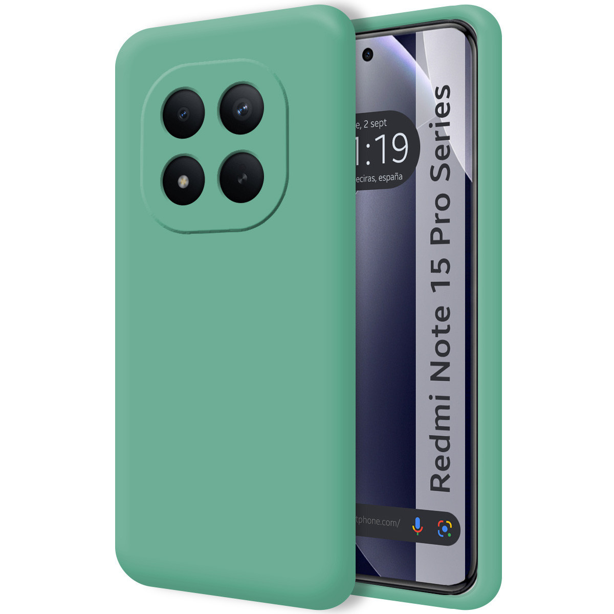 Custodia verde per telefono con fotocamera quadrupla. Si vede uno smartphone con l'ora 1:19.