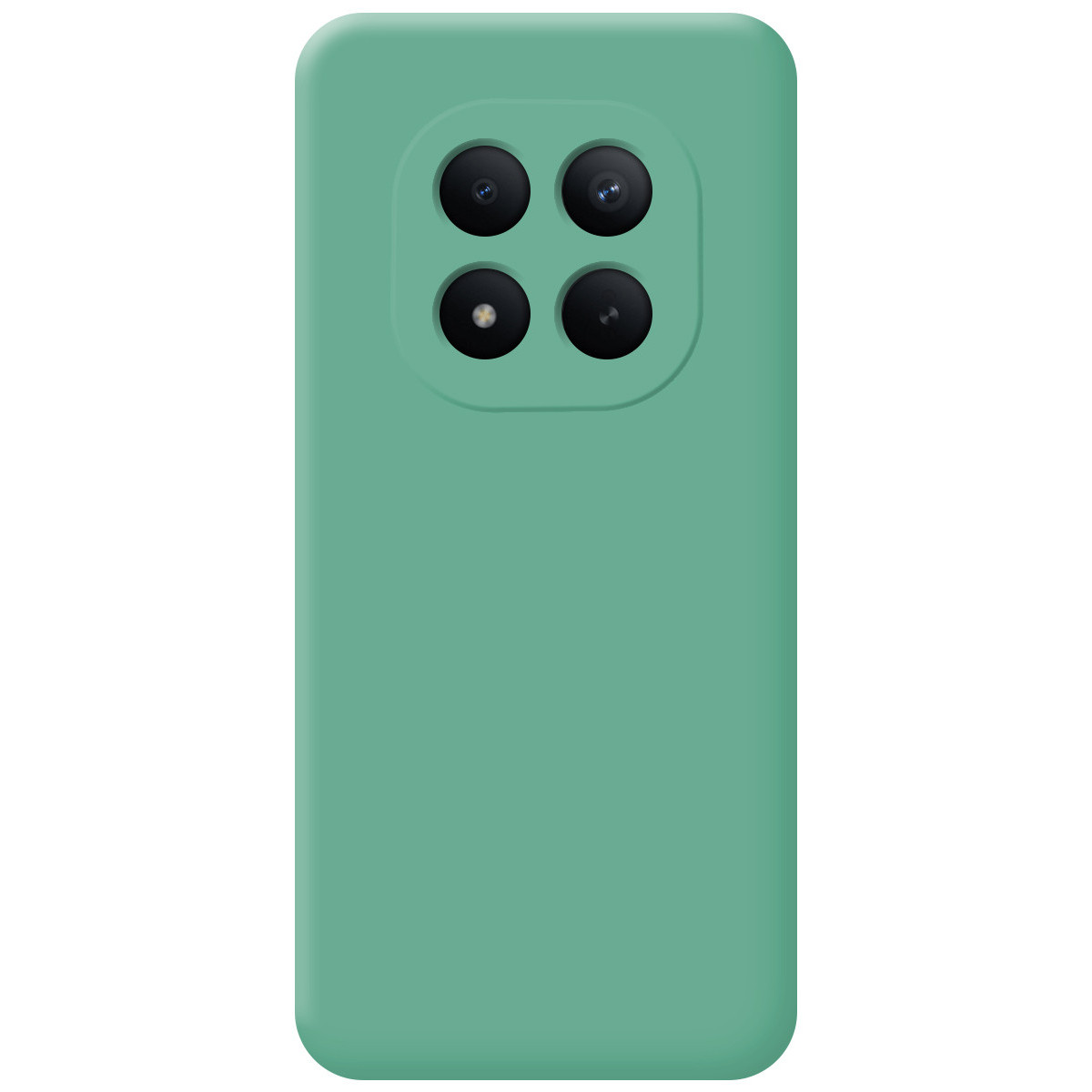 Retro di una custodia per smartphone verde acqua con quattro obiettivi.