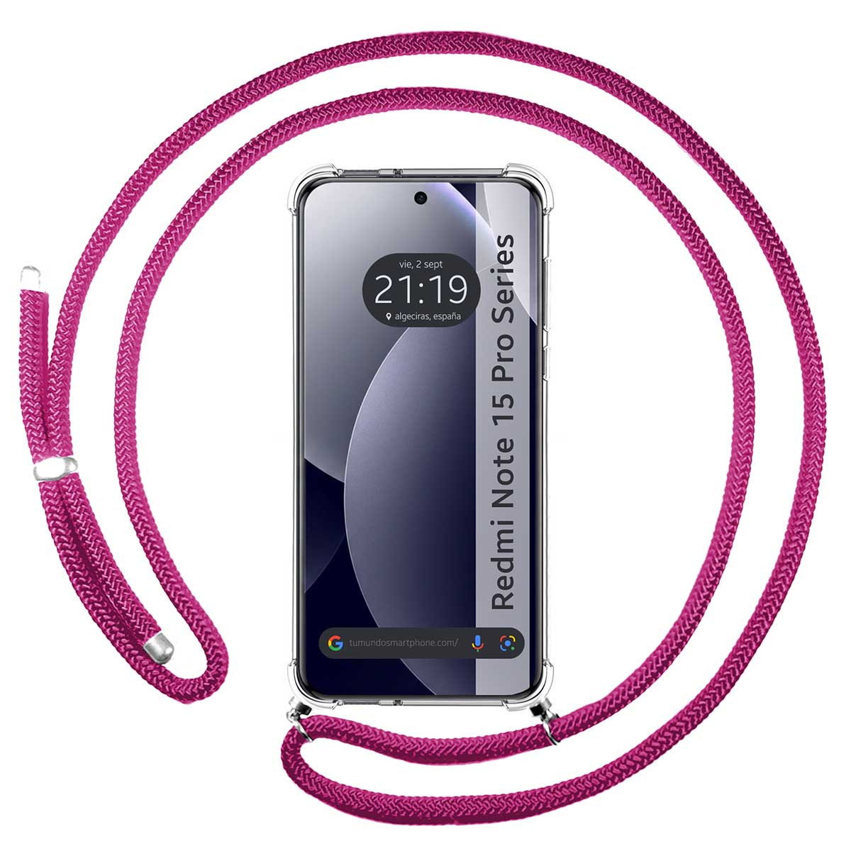 Uno smartphone con un cordino rosa drappeggiato attorno.