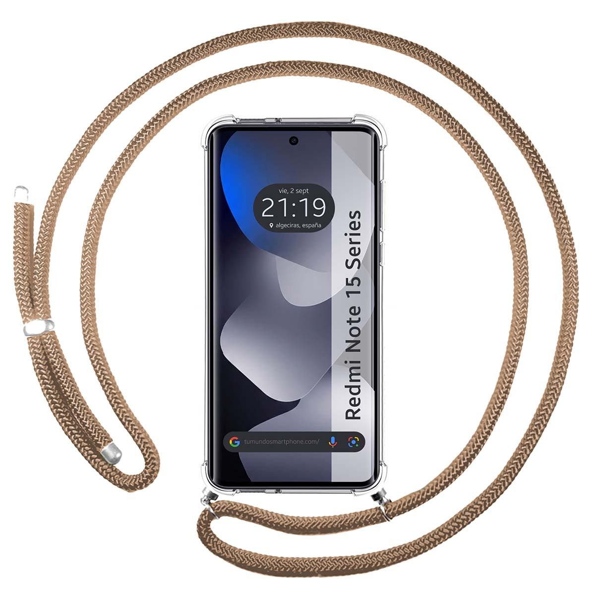 Uno smartphone in custodia trasparente con laccetto marrone. Ore 21:19.