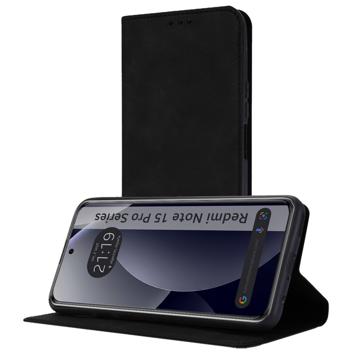 Telefono nero con flip case aperto. Ora 21:19.