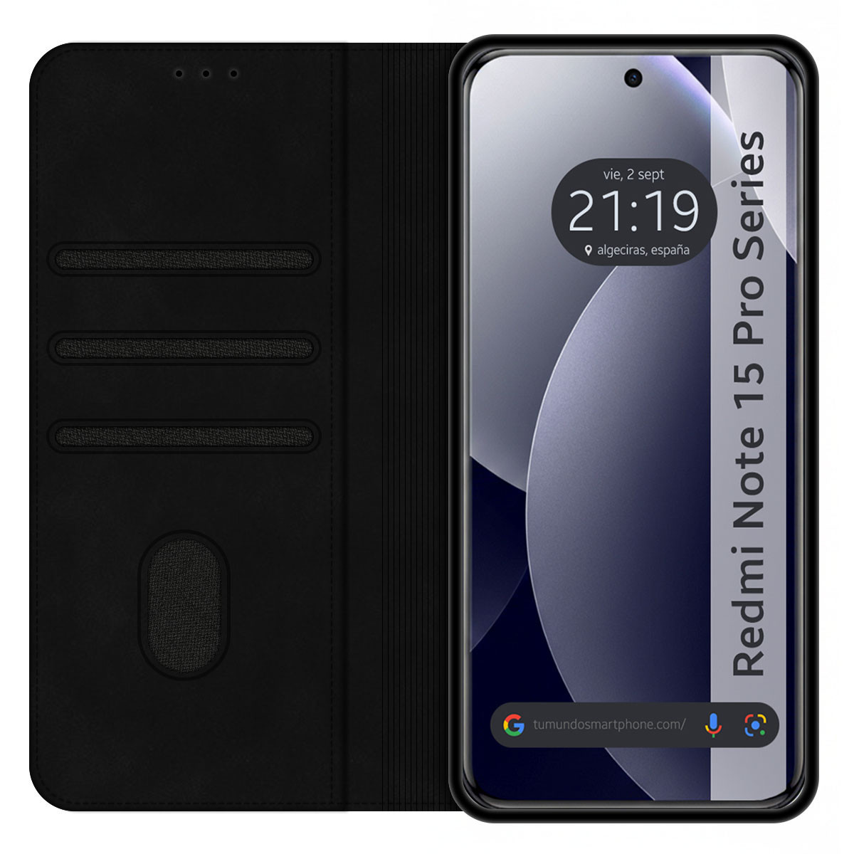 Custodia a libro nera con smartphone aperto che mostra le 21:19.