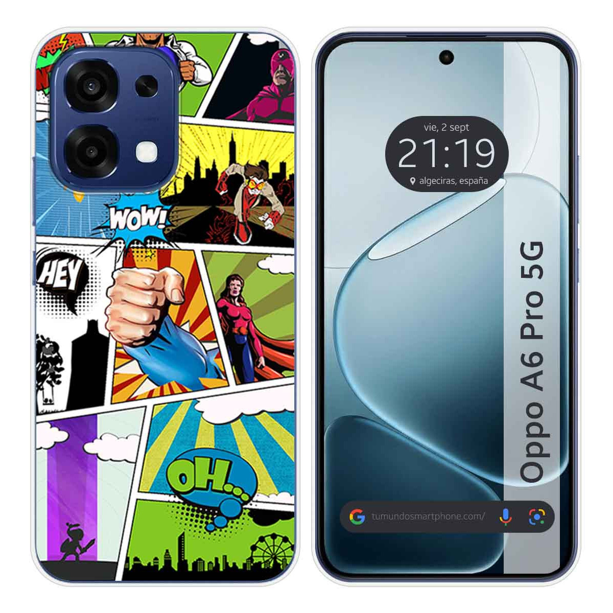 Funda de móvil cómic con superhéroes y un smartphone mostrando la hora.