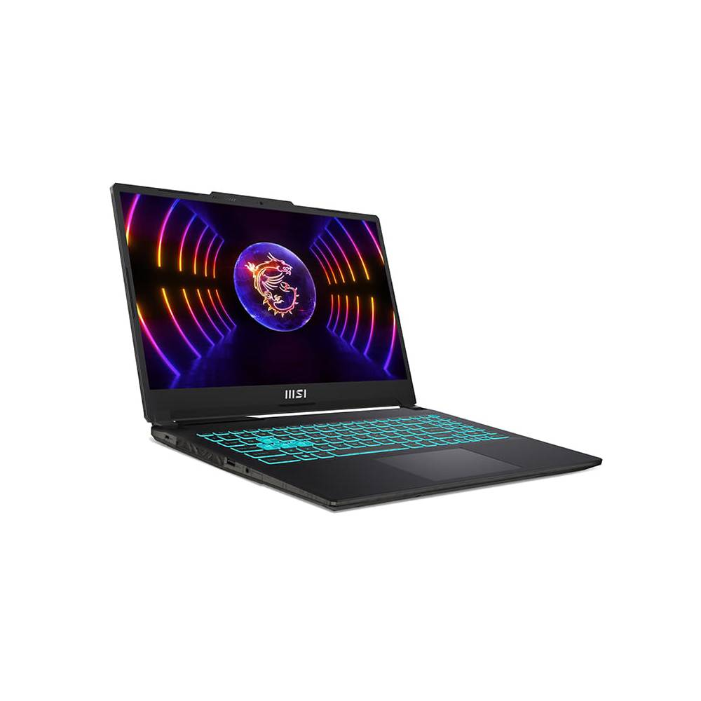 Mavi aydınlatmalı klavyeli ve ekranda MSI ejderha logosu olan siyah dizüstü bilgisayar.