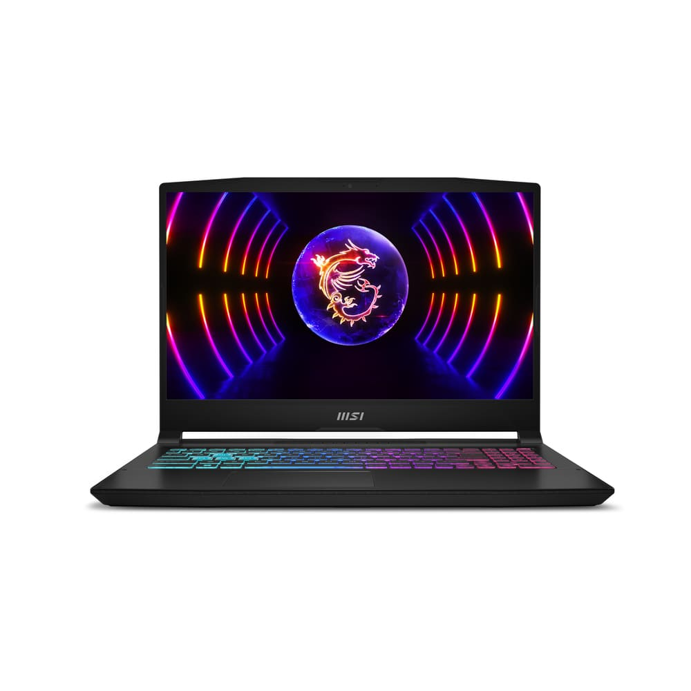MSI logosu ve aydınlatmalı klavyeli siyah dizüstü bilgisayar, ejderha logosu arka planda.