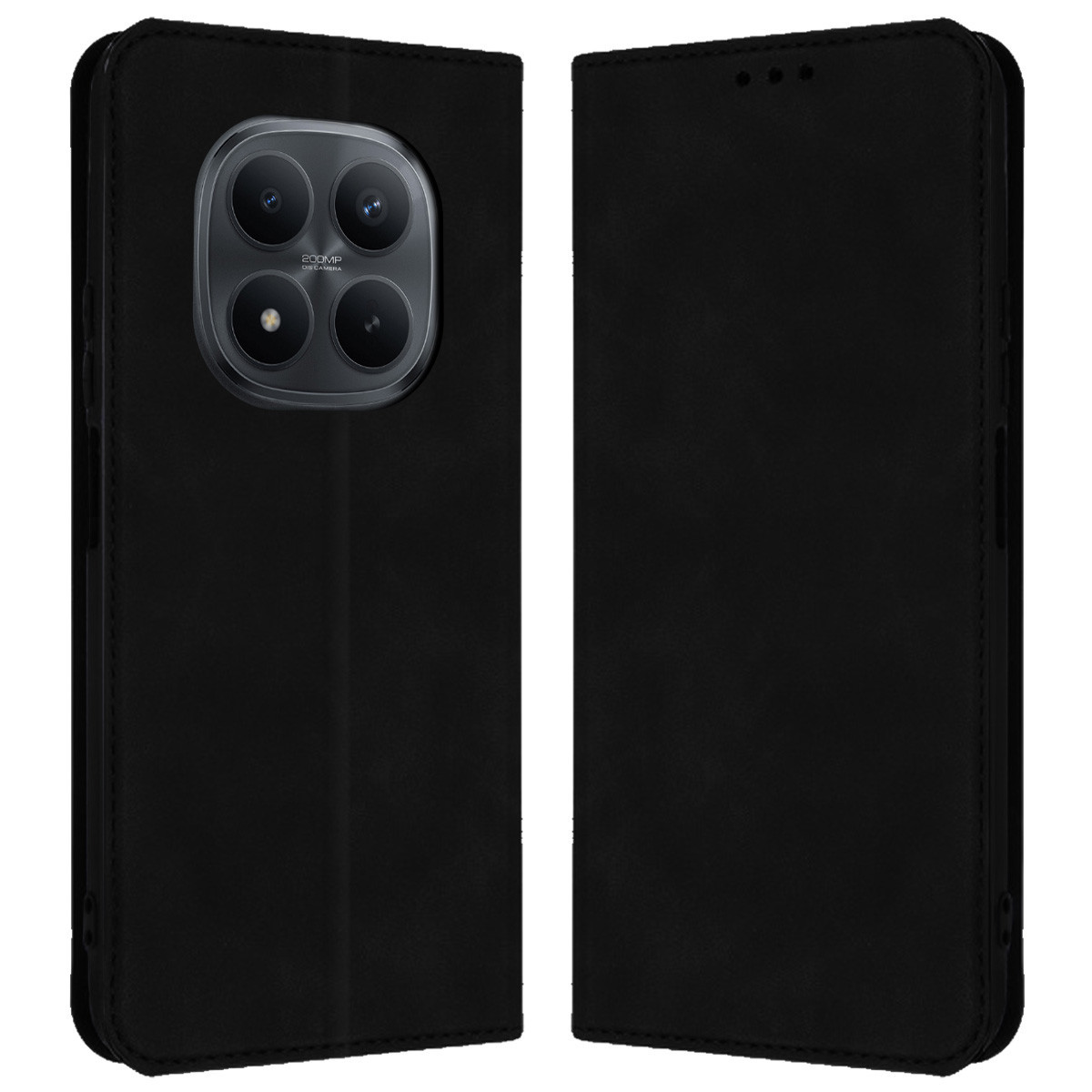 Custodia a libro nera per telefono con quattro fotocamere.