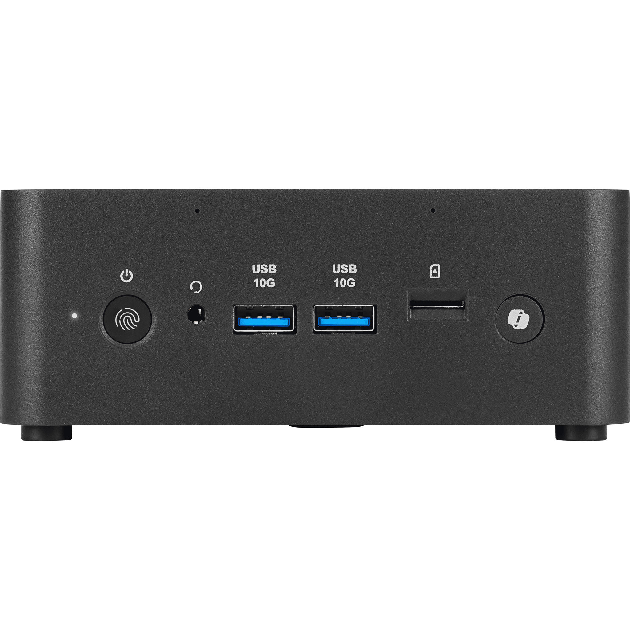 Black computer with USB ports, fingerprint sensor, and power button on front.