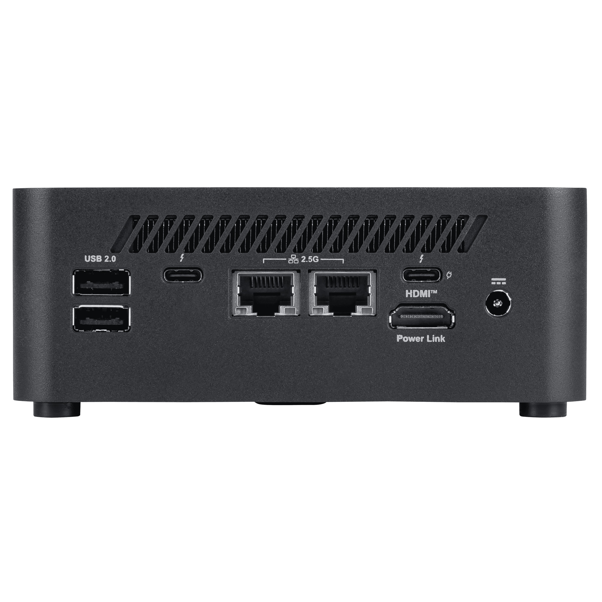 Black mini PC with USB 2.0, USB-C, 2.5G Ethernet, HDMI, and power link.
