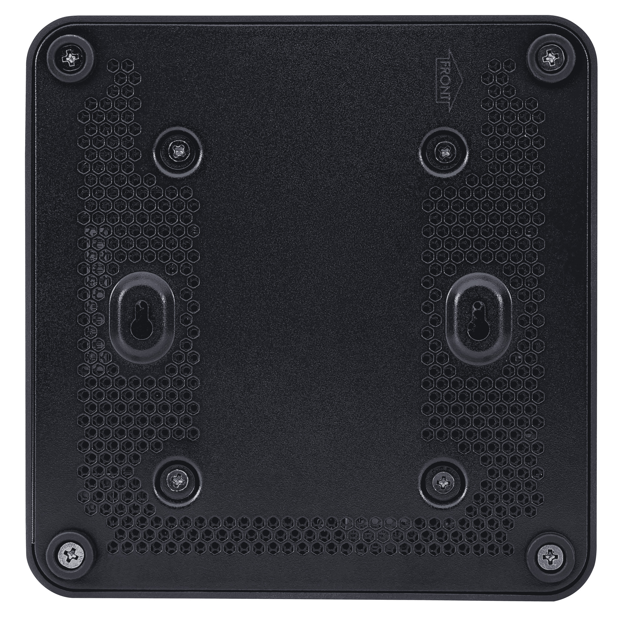 Black rear panel with hexagonal pattern and mounting holes.
