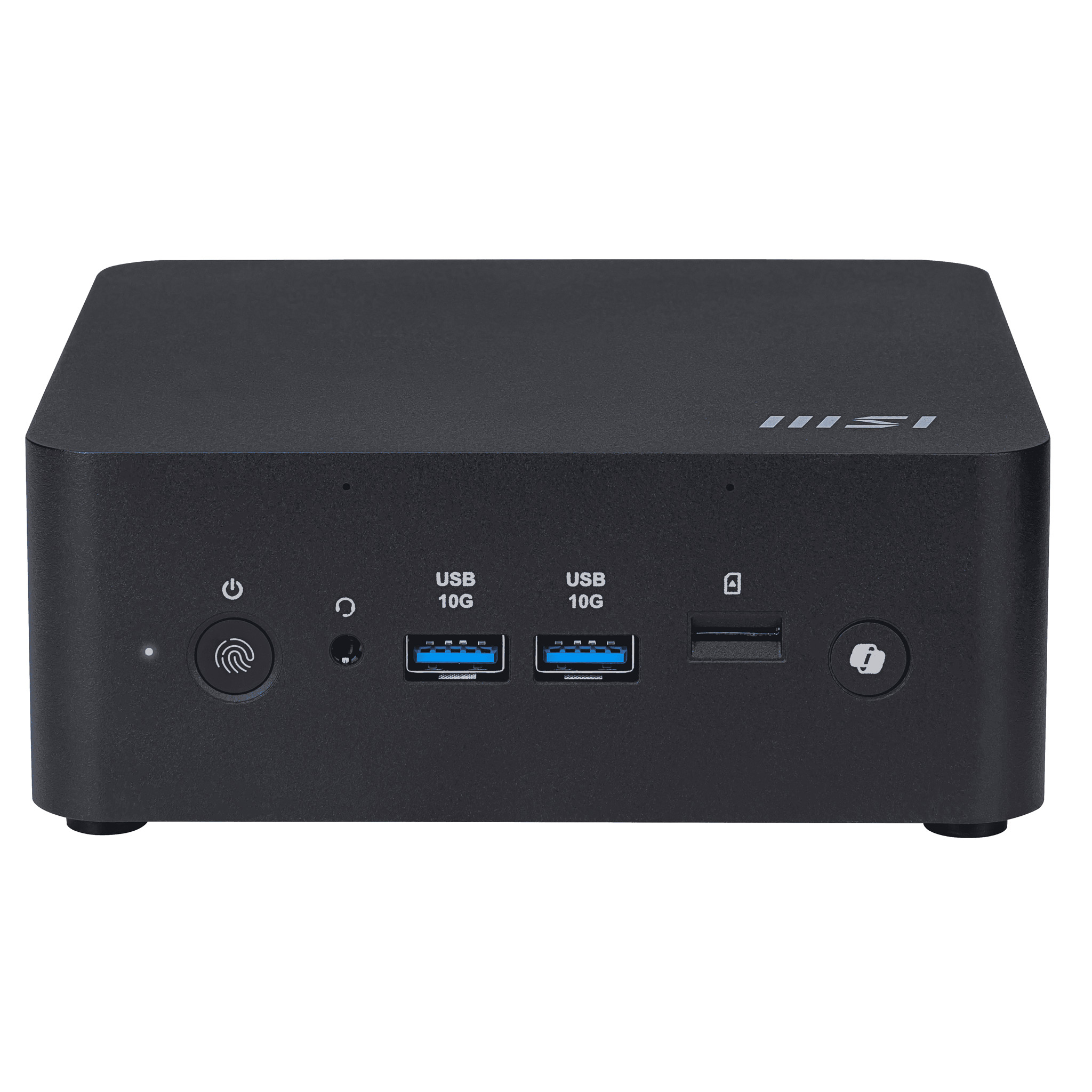 Black mini PC with front ports: power, USB, audio, and SD card reader.
