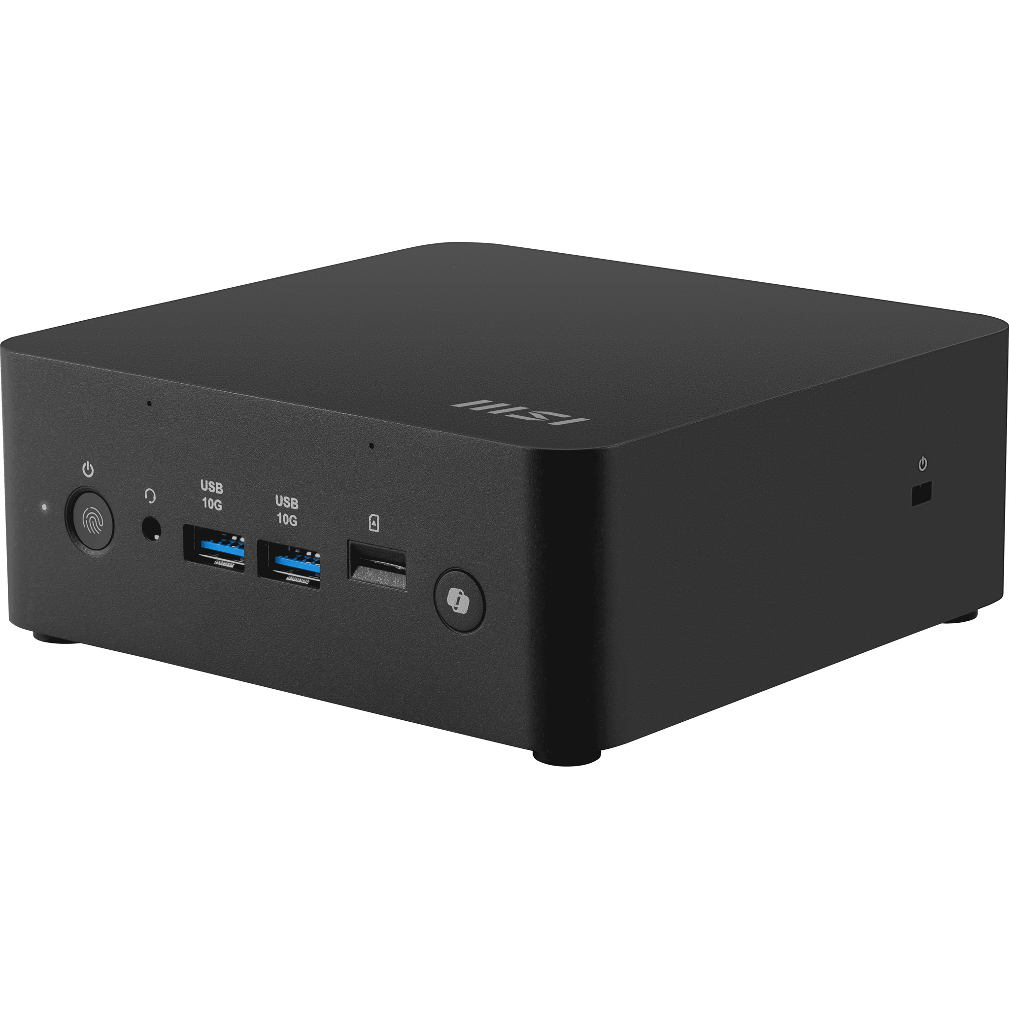 Black mini PC with fingerprint sensor, USB ports, and power button.