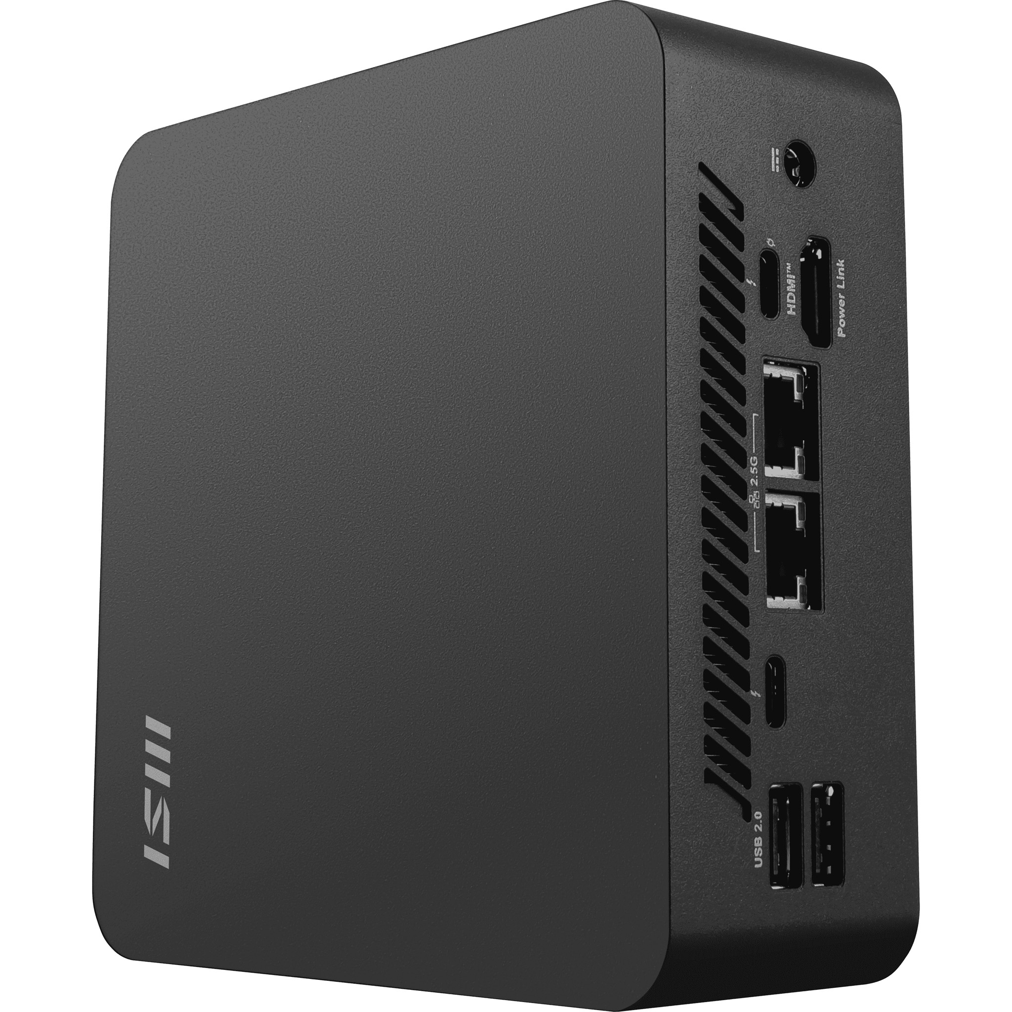 Black mini PC with MSI logo and ports like HDMI, USB, LAN.