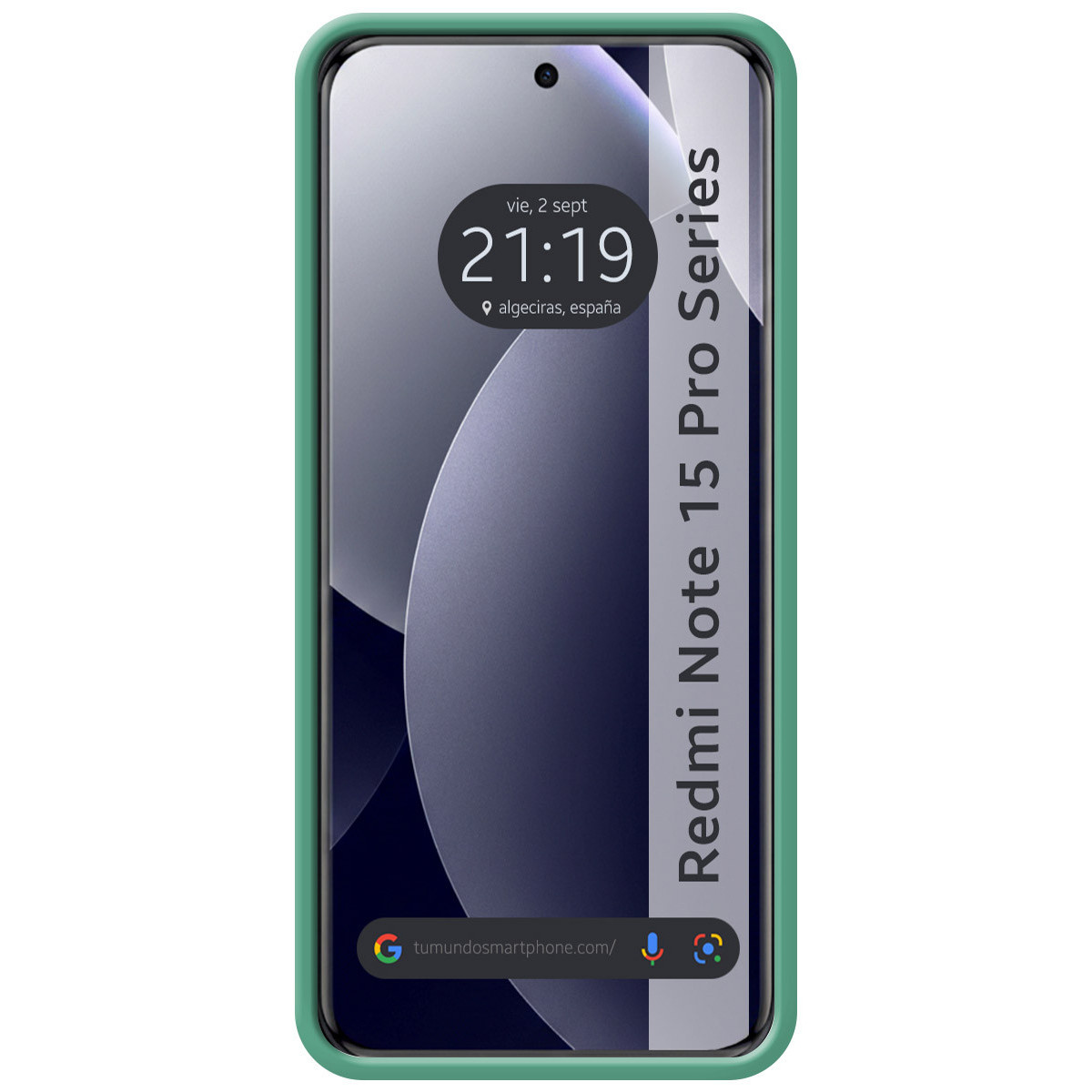 Una custodia verde circonda uno smartphone che mostra 21:19, mar 2 sett, Algeciras, Spagna.