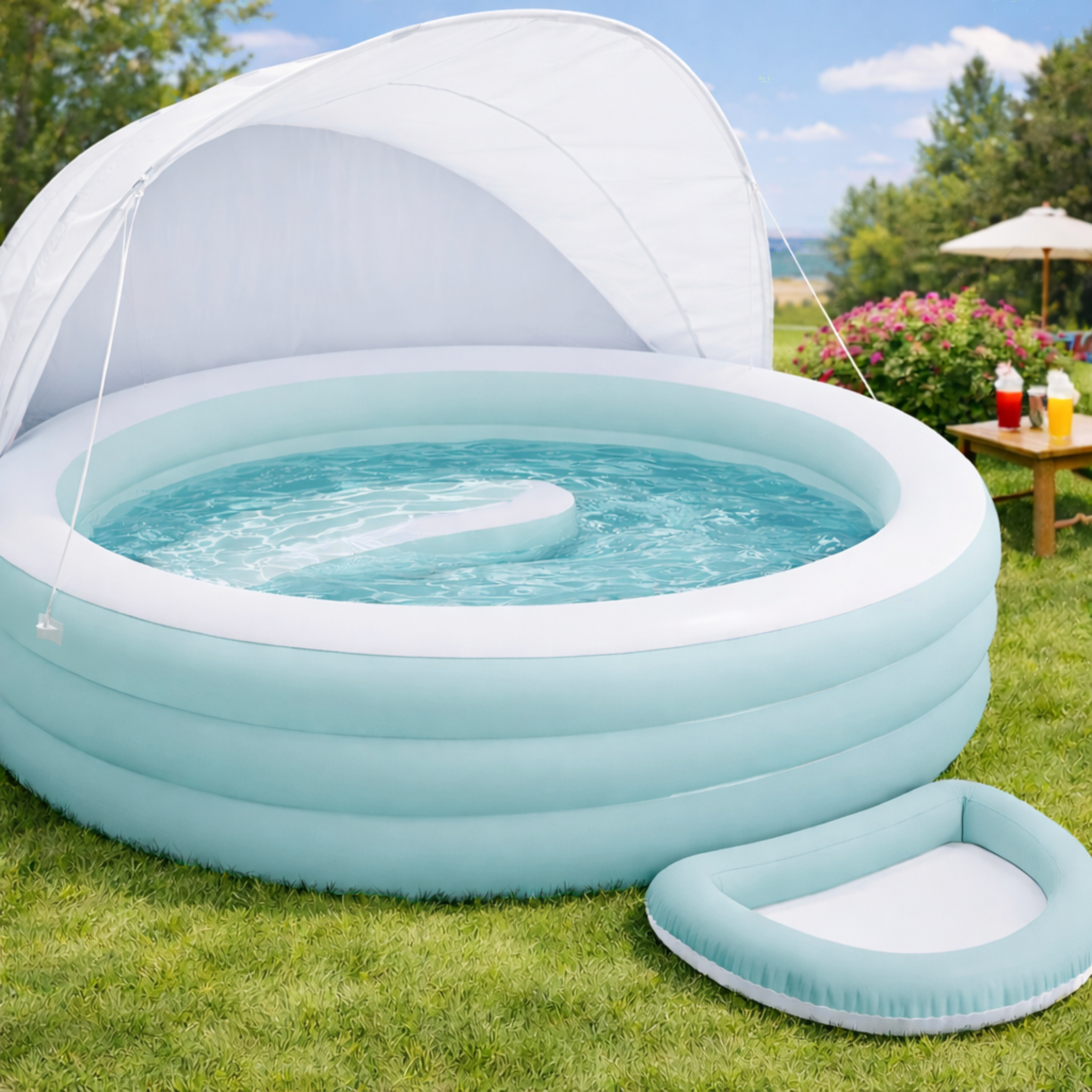 Aufblasbarer Pool mit Überdachung auf einer grünen Wiese, daneben ein kleineres Planschbecken.