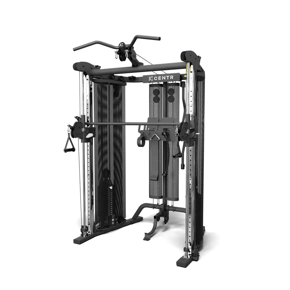 Eine schwarz-silberne Multi-Gym-Maschine mit verschiedenen Aufsätzen und Gewichtsblöcken, leicht schräg auf weißem Hintergrund.