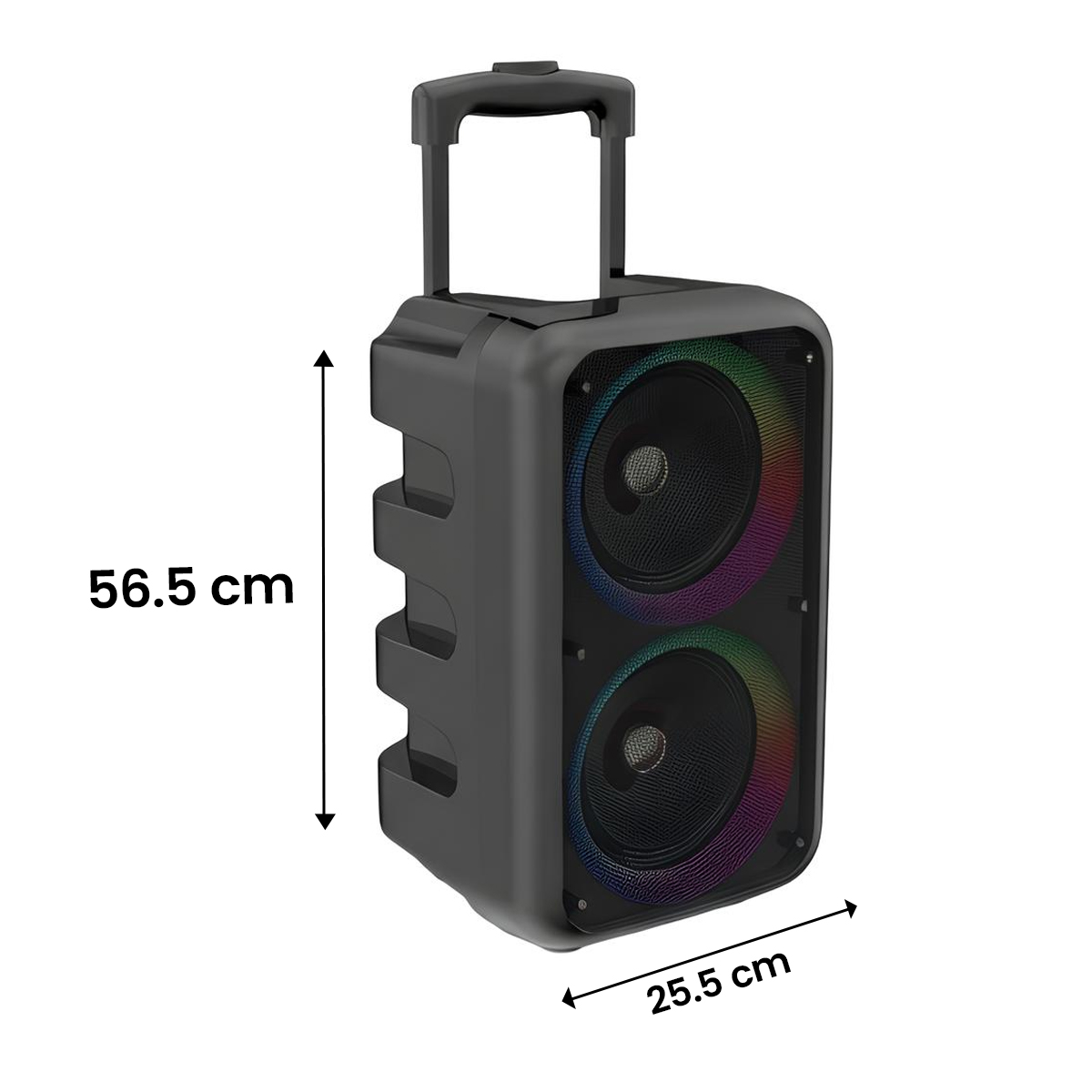 Schwarzer Ghettoblaster mit zwei Lautsprechern, ausziehbar und Rollen.