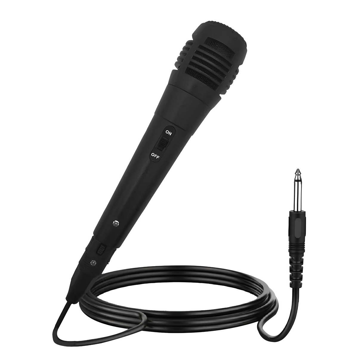 Schwarzes Mikrofon mit Kabel und Klinkenstecker, mit Ein/Aus-Schalter.