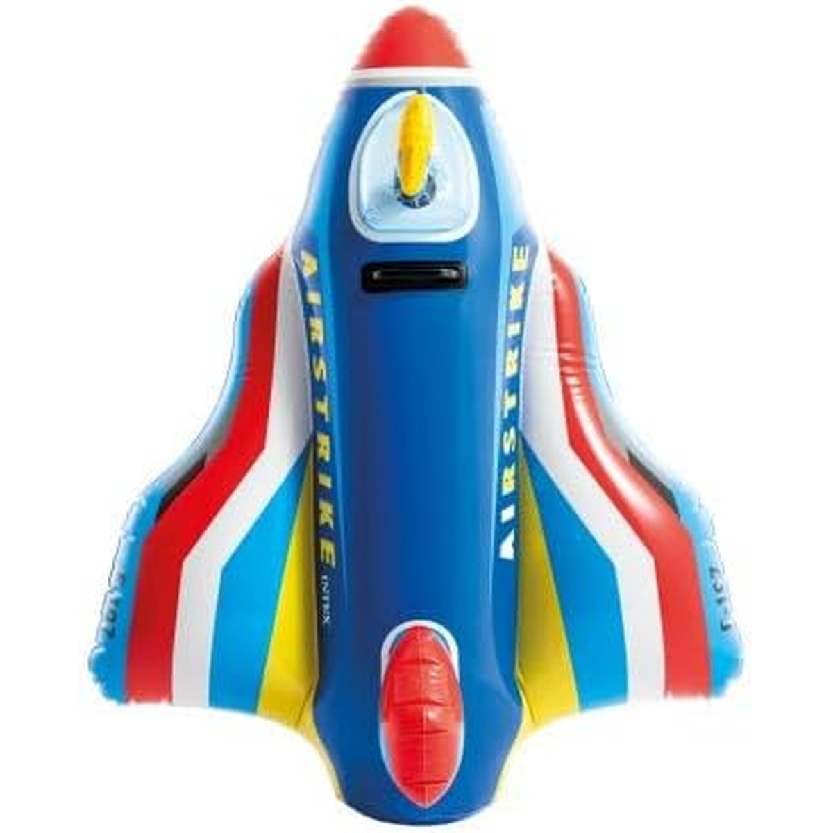 Aufblasbares blaues Raketen-Schwimmspielzeug mit roten, weißen und gelben Streifen.