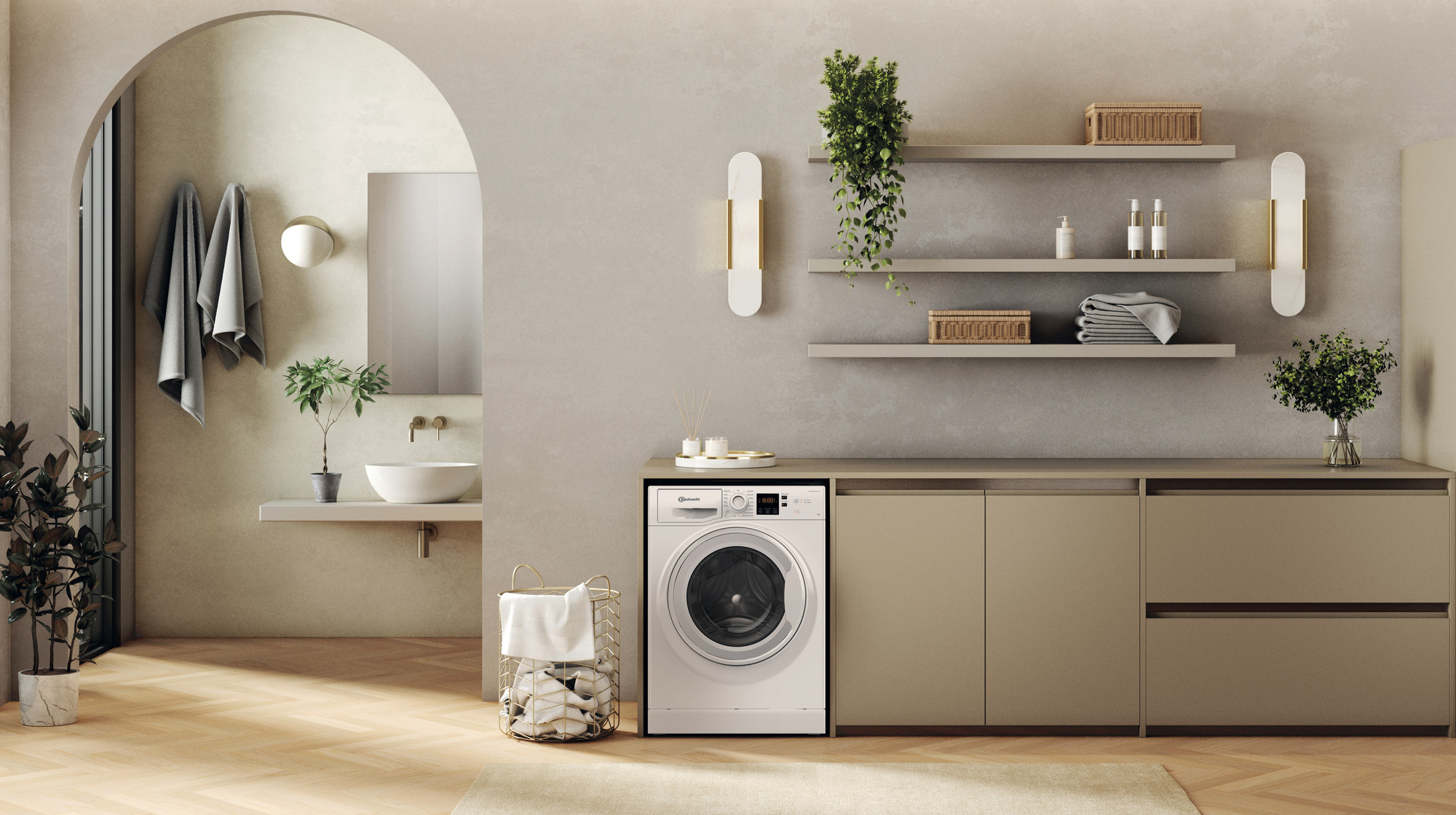 Waschküche mit Waschmaschine, Waschbecken und Regalen.